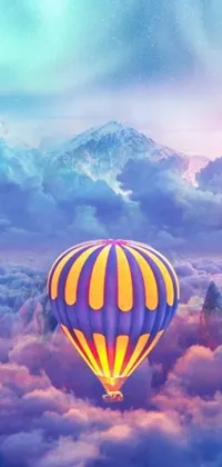 Get lost in the surreal beauty of a hot air balloon gliding through a multicolored sky high above the mountains with this magical phone live wallpaper
