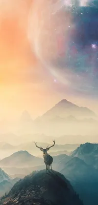 This breathtaking phone live wallpaper showcases a gorgeous deer standing on a verdant hill surrounded by vibrant flora and fauna