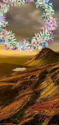 This live wallpaper features a stunning wreath of vibrant flowers set atop a breathtaking mountain peak