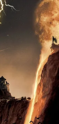 This live wallpaper features a man standing on top of a cliff with lightning, a D&D wizard in a castle on an alien planet, profile pictures, and a wise man riding a dragon