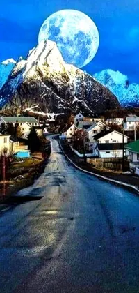 This picturesque live wallpaper for your phone displays a stunning view of a mountain with a glowing full moon in the sky, surrounded by beautiful surroundings including a realistic photo of a Norwegian town, street view styled like Google's Street View, and an artistic illustration, making this the perfect blend of nature, urbanism, and art