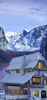 This winter live wallpaper features a stunning snow-covered house amidst towering mountains, inspired by picturesque landscapes