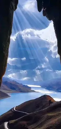This stunning phone live wallpaper showcases a lake inside a cave, bursting with heavenly sunlit clouds, evoking wonder at the creation of God
