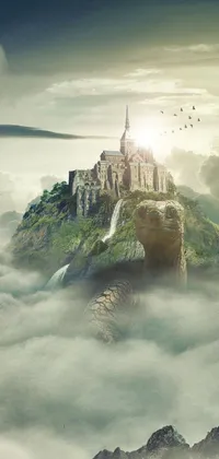 This stunning live wallpaper showcases a eerily beautiful castle atop a dramatic mountain enveloped in clouds against a colorful cinematic background