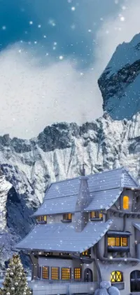 This stunning phone live wallpaper features a serene winter landscape, complete with a snowy house and majestic mountain in the background