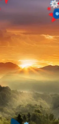 This live wallpaper features a serene mountain landscape with a beautiful sunset over the highlands