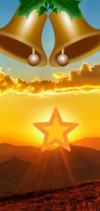 This live wallpaper showcases a picturesque sunset in a valley with a mesmerizing star and golden wings in the background