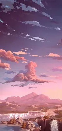 This phone live wallpaper showcases a mesmerizing digital painting of a man standing on top of a cliff overlooking a tranquil body of water surrounded by a desert scenery
