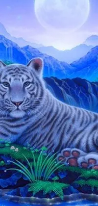 This phone live wallpaper showcases a stunning white tiger sitting atop a lush green field, set against a serene backdrop of blue moonlight