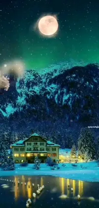 This phone live wallpaper is a dreamy winter wonderland with a cozy house perched atop a snowy hill
