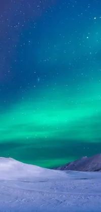 Bring the beauty of winter to your phone with this stunning live wallpaper! Featuring a couple standing atop a snow-covered slope, gazing out into a mesmerizing landscape illuminated by the northern lights, this wallpaper is a perfect addition for those who love the calming effects of blue and green