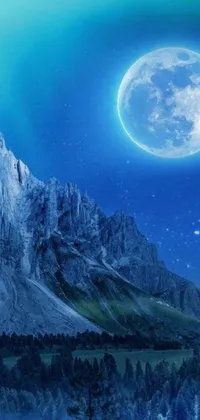 This surreal phone live wallpaper showcases a stunning mountain landscape with a full moon in the sky