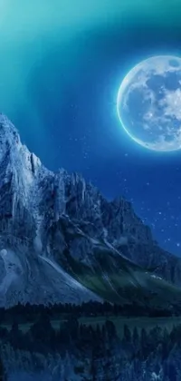 This live wallpaper features a stunning mountain landscape with a full moon in the sky