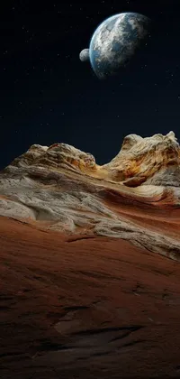 This visually stunning phone live wallpaper takes you on a journey to an alien landscape, featuring a planet in the distance and a sand and desert environment
