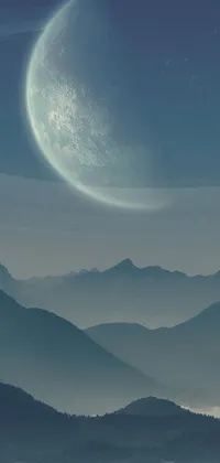 This beautiful live wallpaper features a distant planet and mountains in the foreground