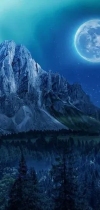 This phone live wallpaper features a breathtaking mountain landscape with a mesmerizing full moon in the sky