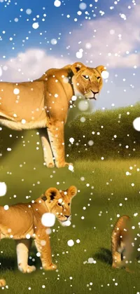 Download this stunning phone live wallpaper featuring a group of majestic lions standing on a lush green field