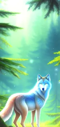 This is a stunning phone live wallpaper featuring a beautiful digital painting of a wolf in a colorful forest