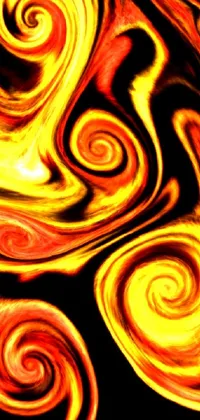 This vibrant live wallpaper features a digital art painting of swirling orange and yellow colors set against a black background