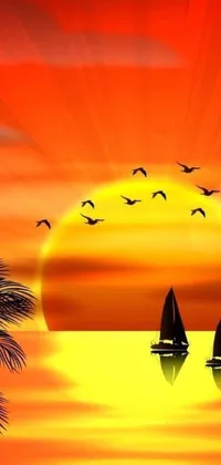 This phone live wallpaper features a serene sunset scene with a sailboat, palm trees, and birds in flight