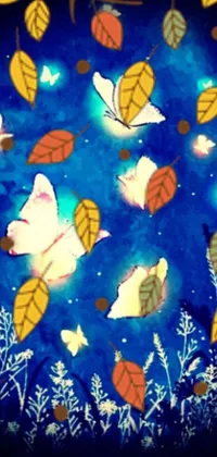 This live phone wallpaper boasts a mesmerizing painting of butterflies, leaves, and fireflies against a blue background