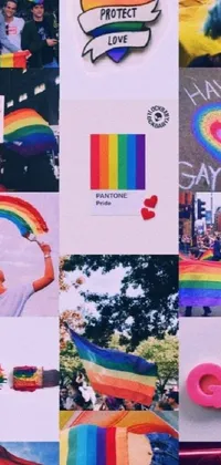 This live wallpaper features a bold and colorful collage of gay pride elements, such as pride flags and slogans