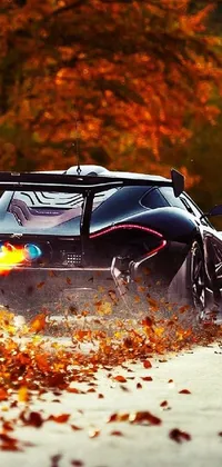 This phone live wallpaper depicts a black sports car racing through a forest during autumn