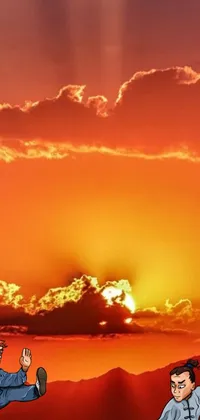 The Phone Live Wallpaper showcases two men standing next to each other in front of a mesmerizing sunset with red and yellow clouds