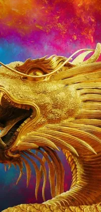 This phone live wallpaper features a stunning golden dragon statue set against a colorful backdrop