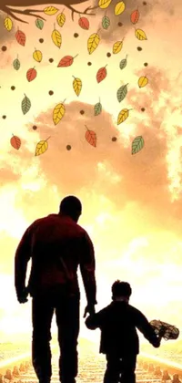 This phone live wallpaper depicts a heartwarming scene of a man and a boy standing against a beautiful sunset backdrop with falling leaves