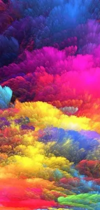 This phone live wallpaper presents a colorful and dynamic cloud-filled sky with various digital art elements