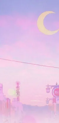 This live phone wallpaper depicts a beautiful city street scene in soft pastel colors, with a glowing moon in the sky