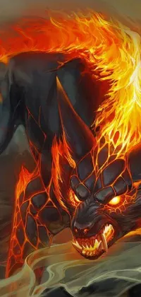 This lively phone wallpaper features a menacing dog-dragon hybrid creature with flames spewing from its mouth