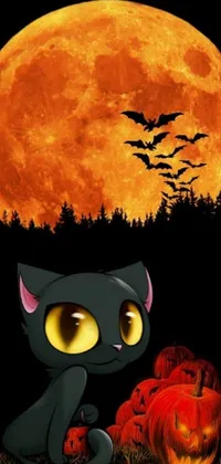 This phone live wallpaper depicts a stunning gothic scene with a black cat sitting in front of a full moon