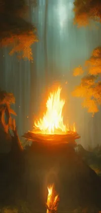 This phone live wallpaper features a beautiful digital painting of a person standing in front of a cozy fire in a peaceful forest