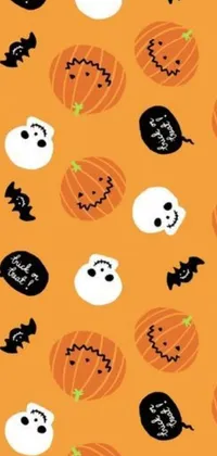 This phone live wallpaper features a fun and spooky pattern of pumpkins and ghosts set against a vibrant orange background, perfect for the Halloween season