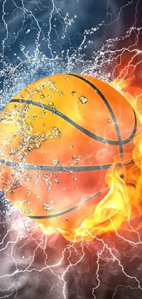 Experience a dynamic phone live wallpaper with this intricately detailed artwork of a basketball on fire and water
