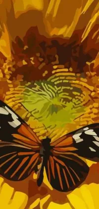 This stunning live phone wallpaper features a detailed painting of a butterfly resting on a sunflower in a peaceful grassy landscape