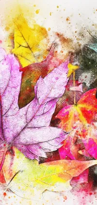 This vibrant phone live wallpaper showcases a stunning painting of colorful autumn leaves on a white background