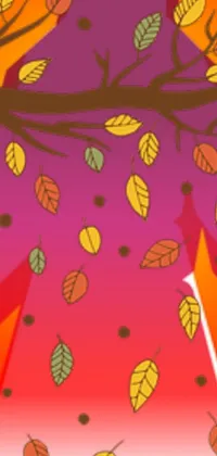 This stunning live wallpaper features intricate vector art with falling leaves by a majestic tree, showcased in warm pink and orange hues