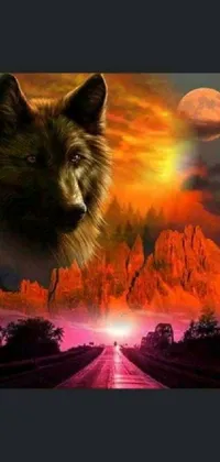 This live wallpaper features a striking image of an elegant wolf standing in the middle of a winding road, surrounded by colorful mountain scenery and a beautiful sunset