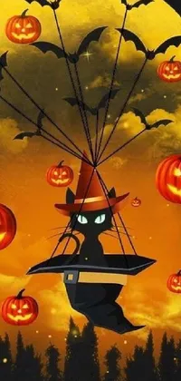 This cell phone wallpaper depicts a witchcore cat with pumpkins flying in the sky using wires for transport