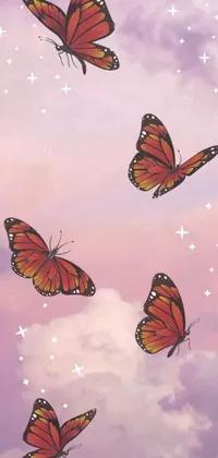 This is a captivating phone live wallpaper featuring a group of butterflies flying across a serene blue sky