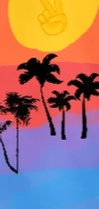 This vibrant phone live wallpaper features a skateboard in motion against a backdrop of palm trees and a setting sun