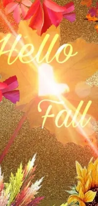 This live phone wallpaper features a digital rendering of the words "hello fall" surrounded by flowers and leaves designed in a gold foil style