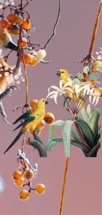 This phone live wallpaper showcases a serene bird perched atop a branch of a tree surrounded by a facemask made of blooming flowers