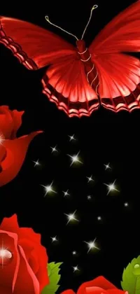 This phone live wallpaper features a stunning digital art image of red roses and a butterfly on a black background