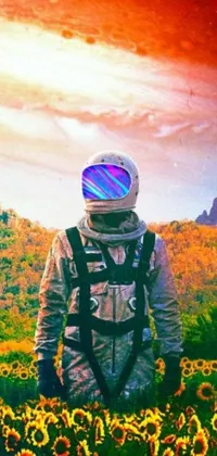 This live wallpaper showcases a stunning digital art of a man wearing an astronaut helmet, standing in a sunflower field amidst a psychedelic landscape