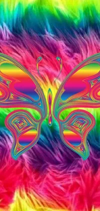 This lively phone live wallpaper features a colorful butterfly on a tie-dye background, inspired by psychedelic art and cottagecore hippie aesthetics