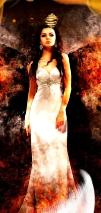This live wallpaper features a striking digital painting of a woman in a white dress, set against a dark elemental plane of fiery flames